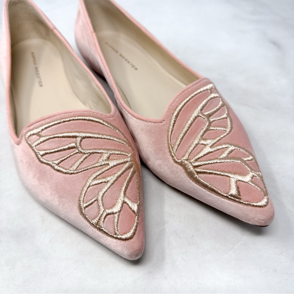 Sophia Webster Bibi Butterfly Velvet Embroidered Pointed Toe Ballerina Flat Pink